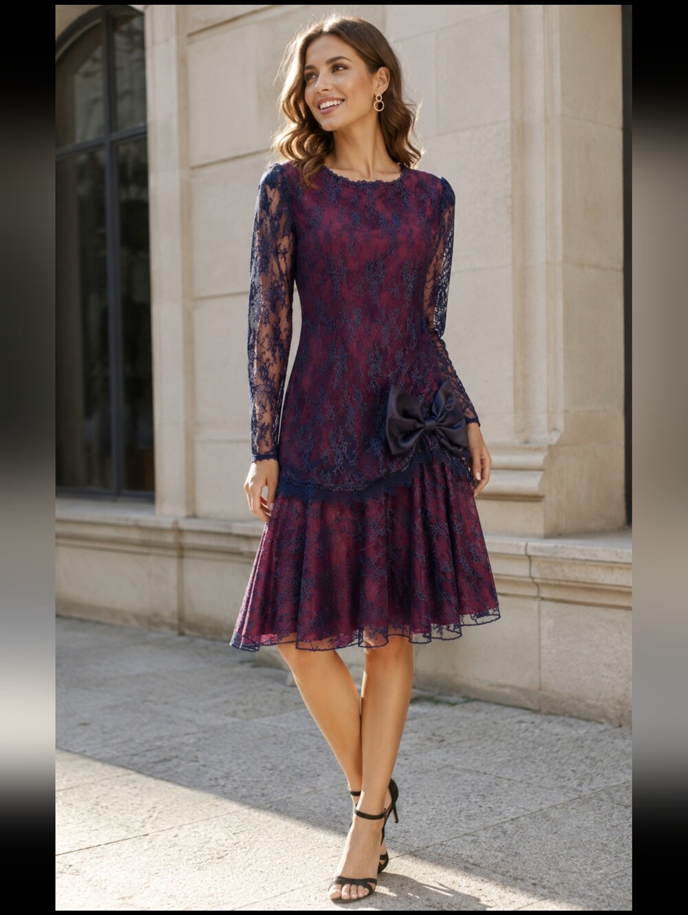 GILBERTI ~ Victorian Style RARE Women's Vintage LACE DRESS NAVY/MAROON Size 18